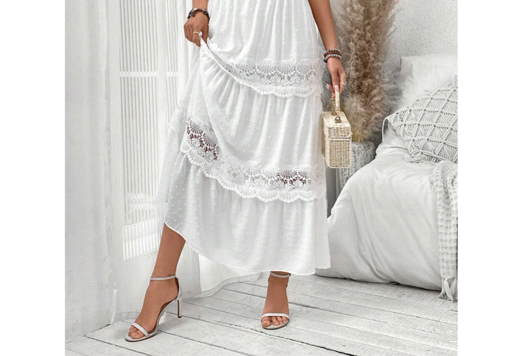 Summer Dress Women 2024 Lace Patchwork V-neck Sleeveless Dresses Fashionable and Versatile Long Skirt for Female Streetwear