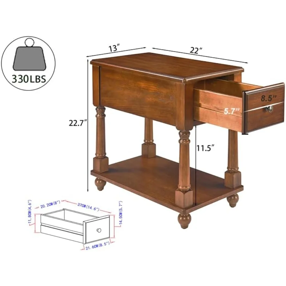 Mesa auxiliar de madera maciza de estilo vintage de mediados de siglo con cajón y estante para espacios habitables modernos