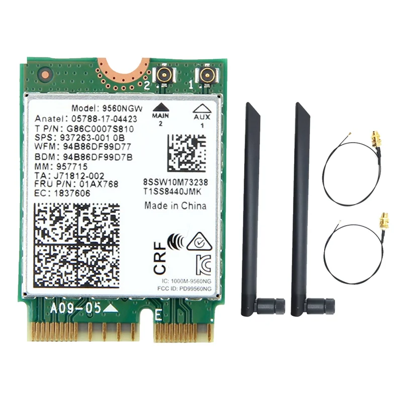 9560NGW WiFi Card+2XAntenna 1730Mbps Wireless AC 9560 2.4G+5G BT 5.0 802.11Ac M.2 CNVI 9560NGW Wireless Adapter