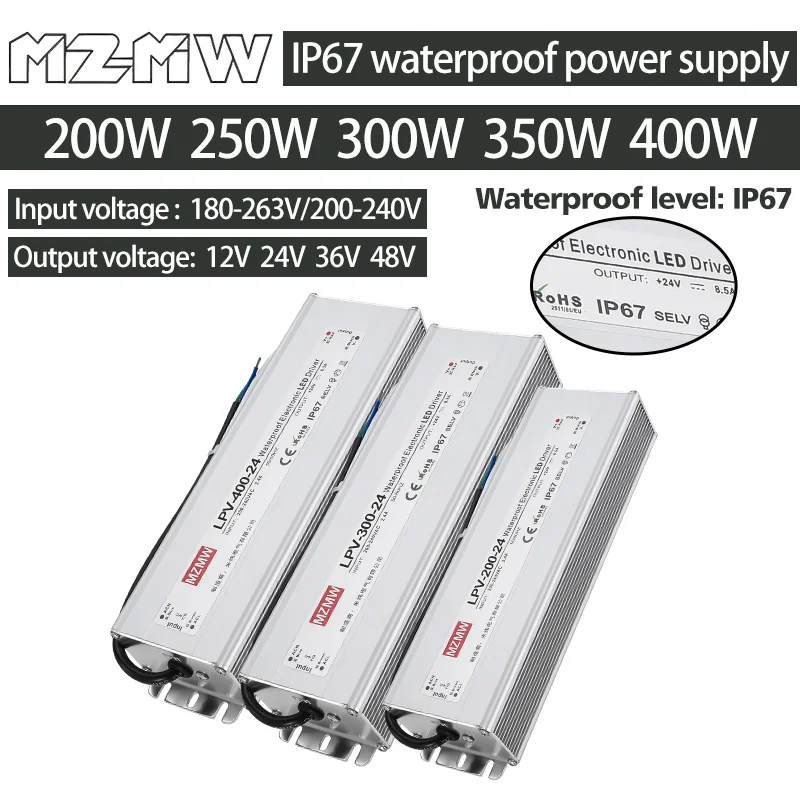 200W 250W 300W 350W 400W LPV IP67 Waterproof Switching Power Supply AC To DC 12V 24V 36V 48V Industrial Lighting Drive CC/CV