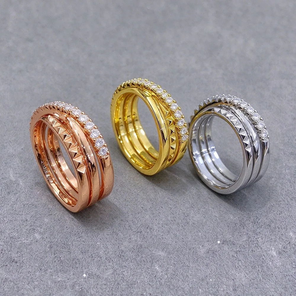 925 Sterling Silver 18K Gold Plated Rivet Style Three-layer Cross Pave AAA Zirconia Ring For Women Fine Jewelry