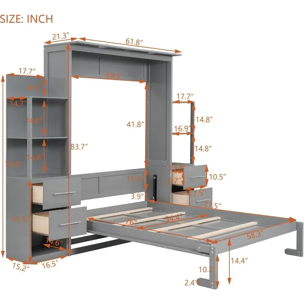 Full Size Murphy Bed with Storage Drawers and LED Lights,Wooden Wall Bedframe with Shelves for Guestroom, Home Office,Gray