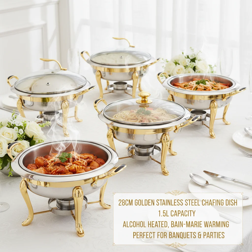 Aquecedor de buffet de prato de atrito de aço inoxidável dourado de 28 cm, conjunto de panela quente com queimador de álcool redondo de 1,5L com tampa de vidro e panela de água para festa, casamento, catering