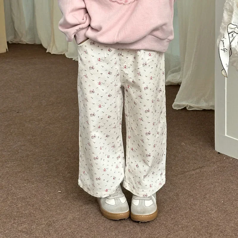 

Girls Pants 2024 Autumn New Childrens Clothes Korean Style Girls Baby Wide Leg Cotton Floral Pants Casual Simple Daily