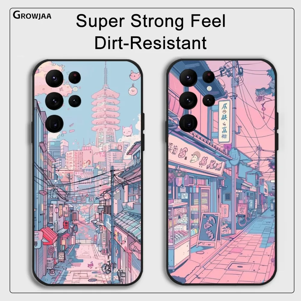 

Japan Anime Street Pink Sakura Phone Case For Samsung Galaxy S25 S24 S22 S23 Ultra S21 S20 Plus 5G Protective Silicone Funda