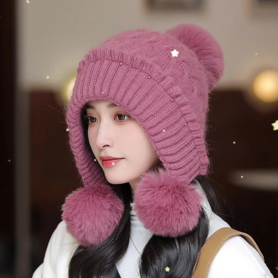 

Sweet and Cute Knitted Beanie Hat for Women Winter Warm Earflap Hat with Fleece Lining Korean Style Cap