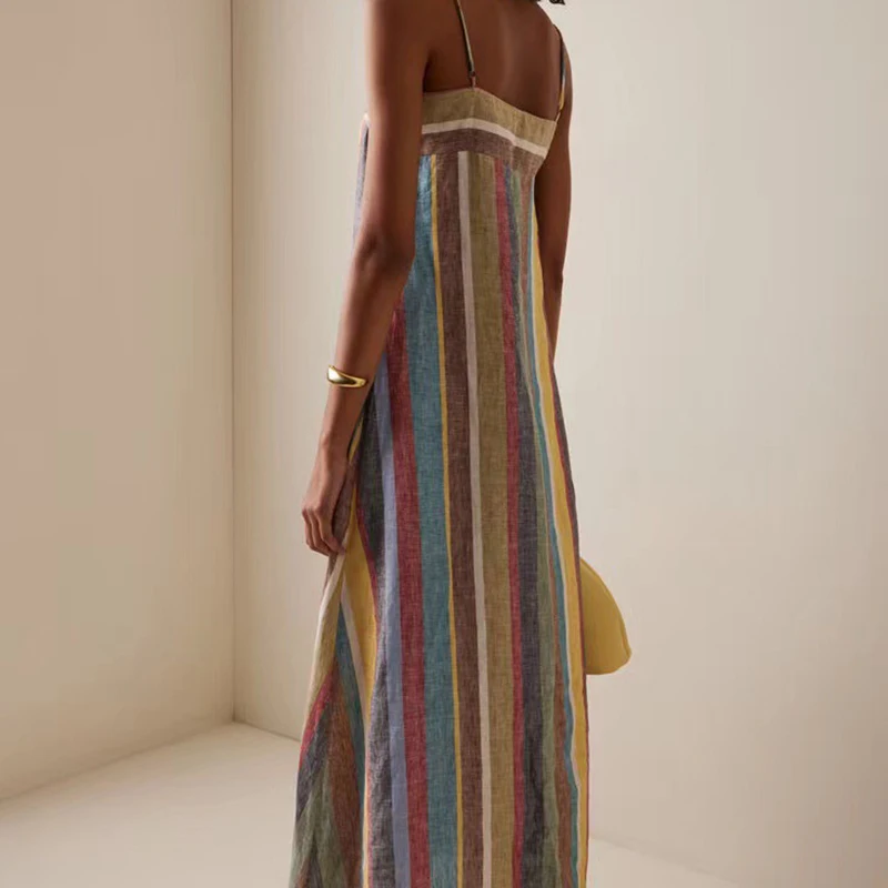 カジュアルストライププリントマキシドレス 2025 レディース セクシーストラップ バックレス ボヘミアンロングドレス エレガントサマースラッシュネックミディサンドレス
