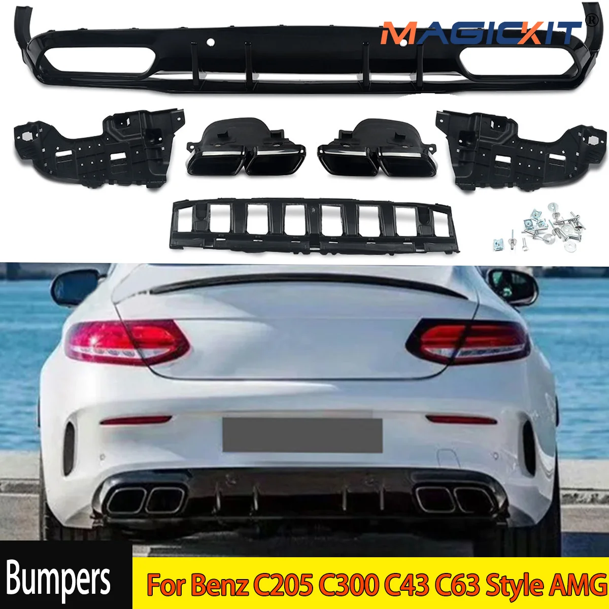 

Rear Diffuser For Benz C205 C300 C43 C63 Style AMG W/ Muffer Tip 2015-2018 Gloss