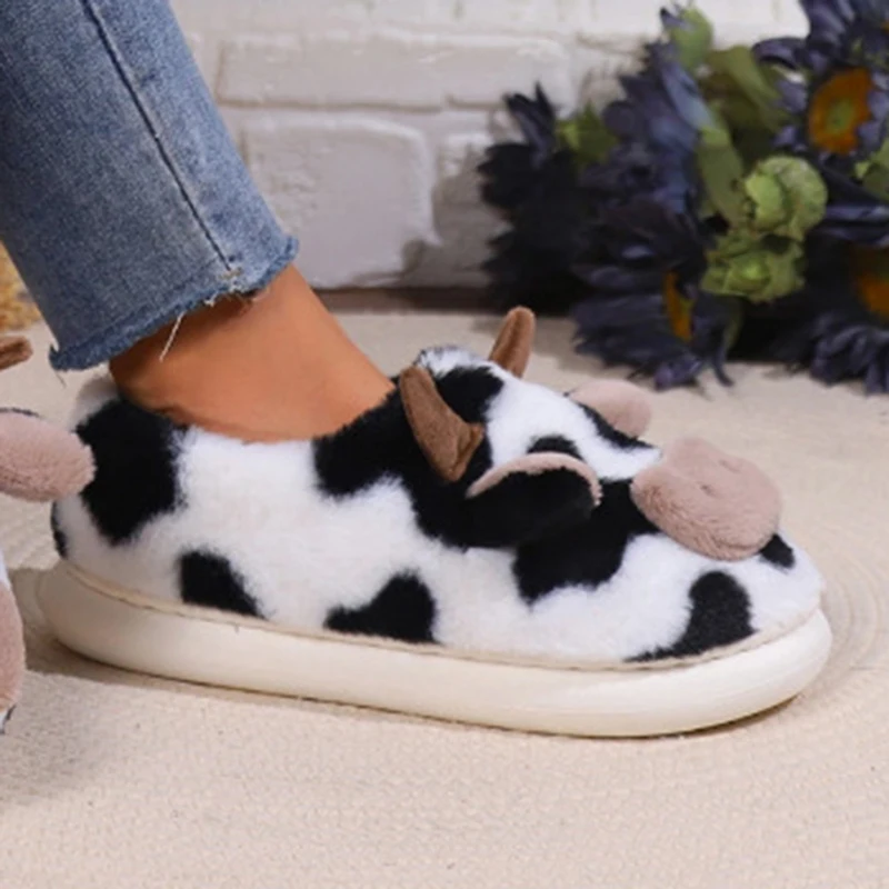 Cute Animal Cow Fur Package Heel Cotton Slippers Winter  Warm Non-slip Thick Sole Slides Shoes Comfy Home Ladies Floor Slippers