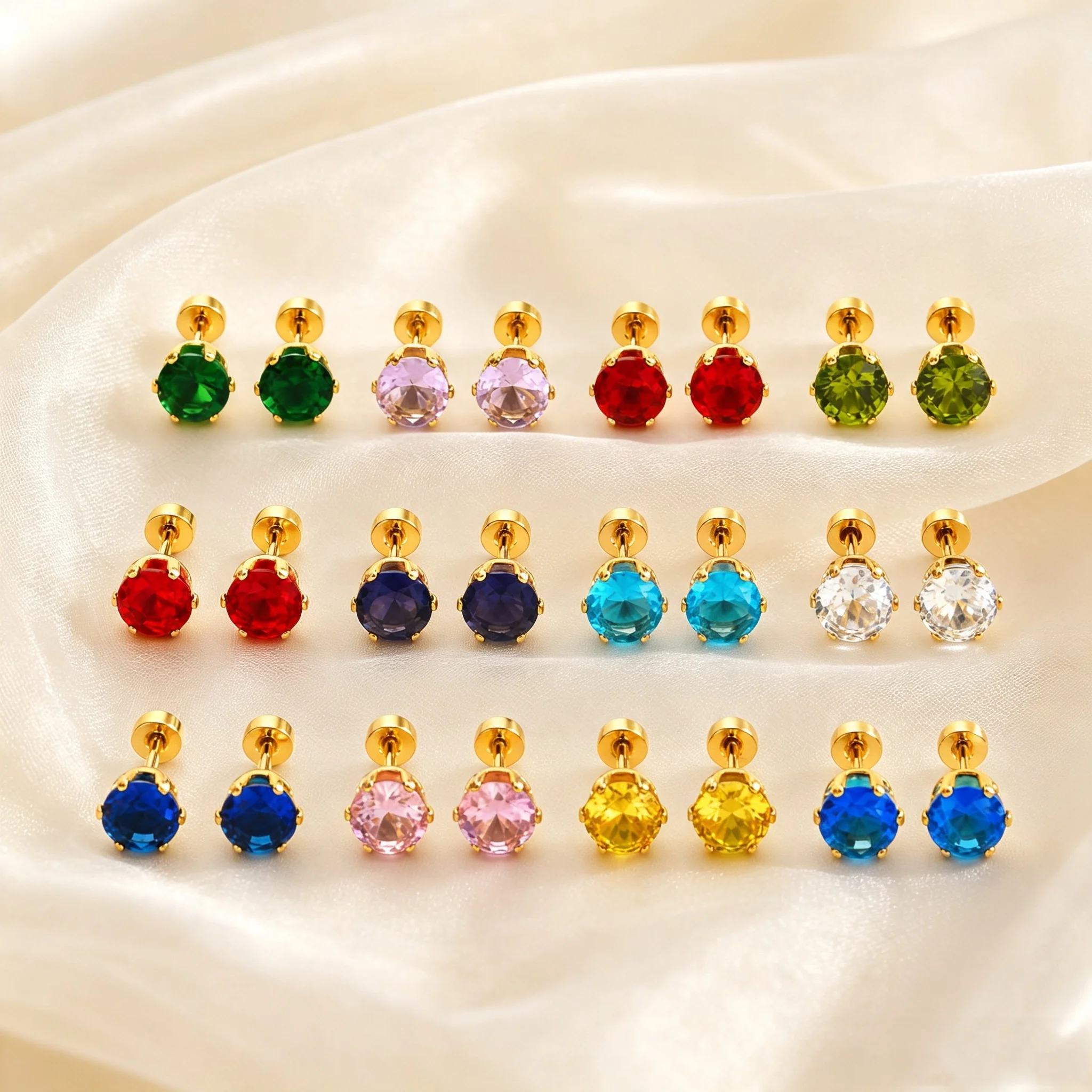 Colorful Birthstone Crystal Zircon Stud Earrings for Women, Stainless Steel Minimalist Small Earrings, Jewelry Birthday Gift