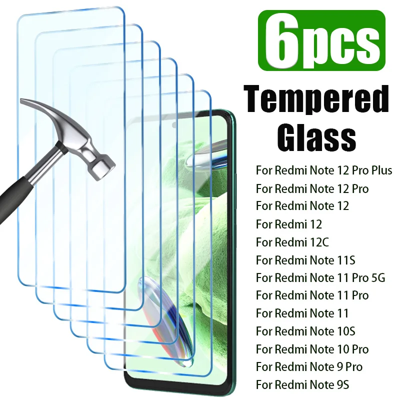 6PCS Tempered Glass for Redmi Note 12 11 10 9 8 Pro Plus 5G 12S 11S 10S 9S 9T 8T Protective Glass for Redmi 12C 10C 9C 9T 9AT 7