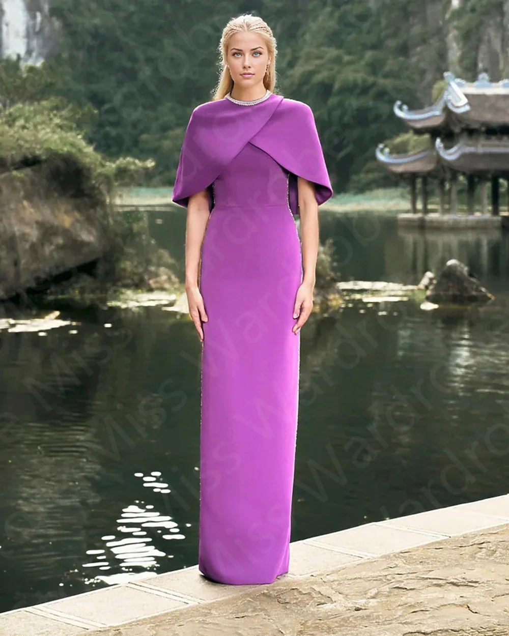 Classic Purple Arabic Evening Dresses Muslim Gowns with Cape Prom Party Gowns Luxury Beading Wedding Guest Dress 2024 Round Neck