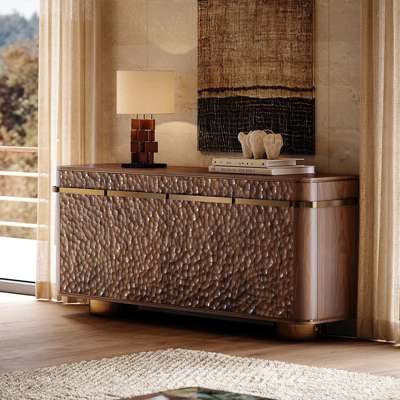 Art carving dining side cabinet household living room storage decorative solid wood storage cabinet