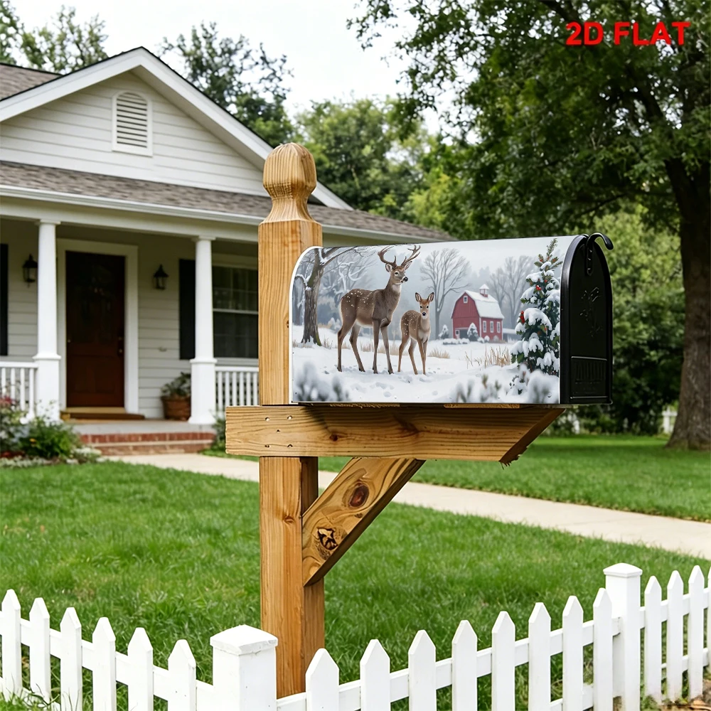 Winter Snow Deer Mother&Child Mailbox Cover Red Barn Snow Tree Decor Mailbox Sleeve