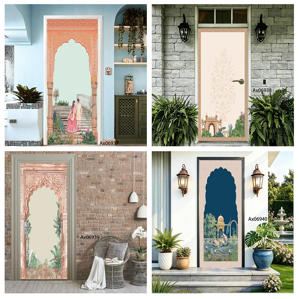 Watercolor Light Green Garden Pavilion Peacock Floral Arch Door StickerWaterproof Vinyl Sticker