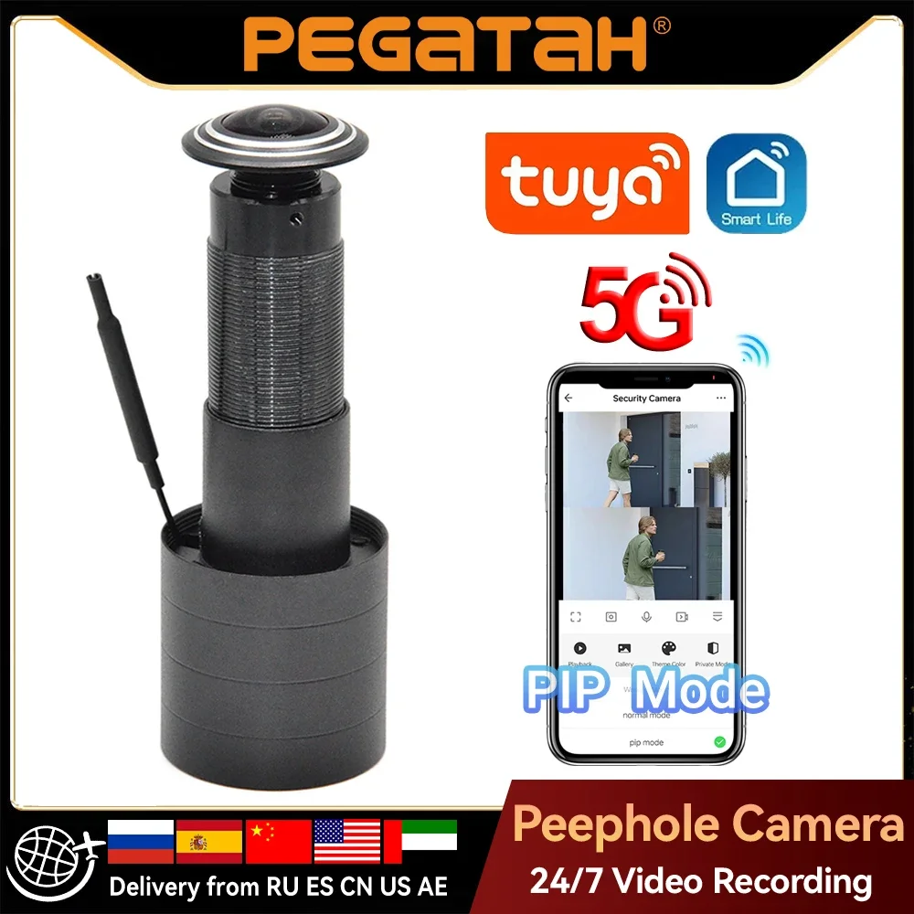 

Видеокамера-глазок для двери PEGATAH Tuya 3 МП с Wi-Fi, двухдиапазонная (2.4G/5G), с обнаружением движения и двусторонней аудиосвязью, для домашней безопасности