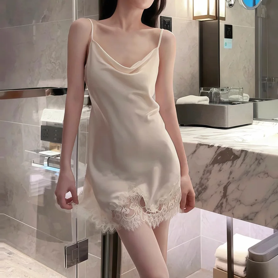 Sexy French Korean Style Summer Sleepwear for Women Solid Smooth Ice Silk Lace Strap Nightgown Set With Chest Pad Breathable
