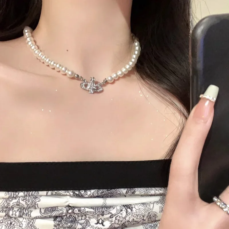 2024 New Luxury Fashion Sweater Chain Necklace Women's Zirconia Tungsten Planet Pearl Necklace High-end Feel Sweater Chain