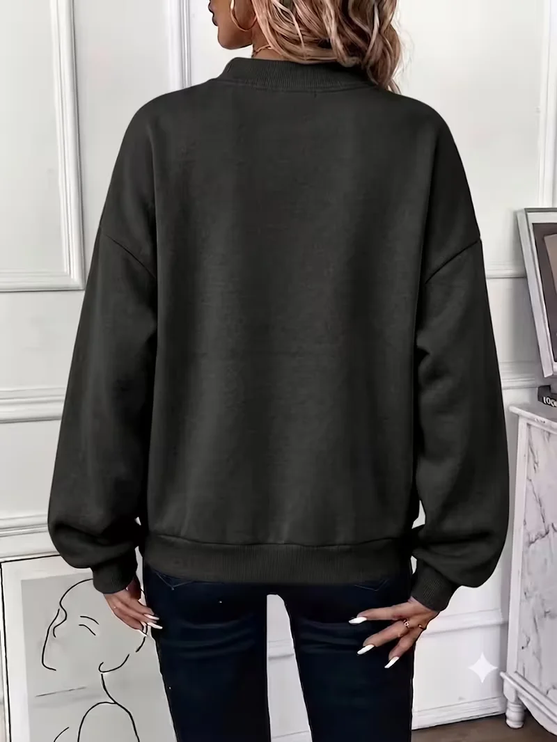 Women V‑Neck Long Sleeve Sweatshirt Loose Drop Shoulder Pullover Casual Solid Color Basic Tops For Daily Street Wear