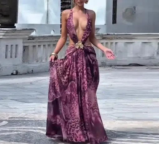 

2025 New Women's Neck Hanging Sexy Backless Leopard Print Summer Fashion Long Dress