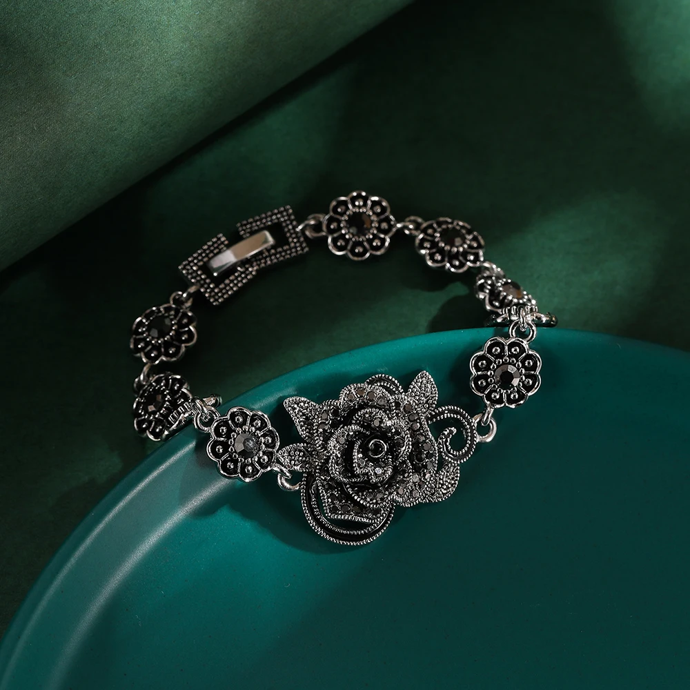 Ajojewel Black Rhinestone Rose Flower Bracelet Vintage Jewelry For Women High Quality Nice Gift 2025 New