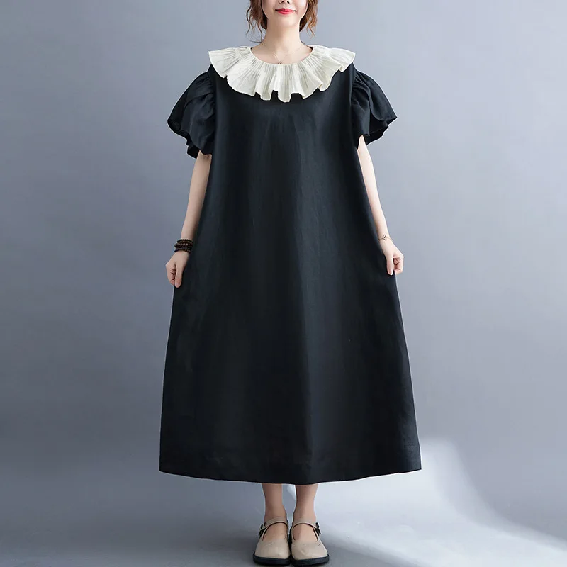 

2024 summer new flared sleeve ruffle collar black cotton and linen women's plus size doll collar cotton and linen dress