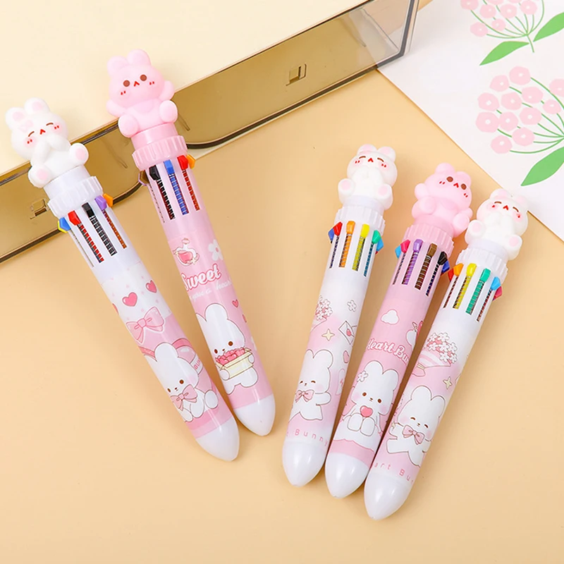 2Pcs Cartoon Rabbit Ten Color Ballpoint Pen Multicolor Signature Pens Creative Writing Smooth Pressing Neutral Pens Gifts