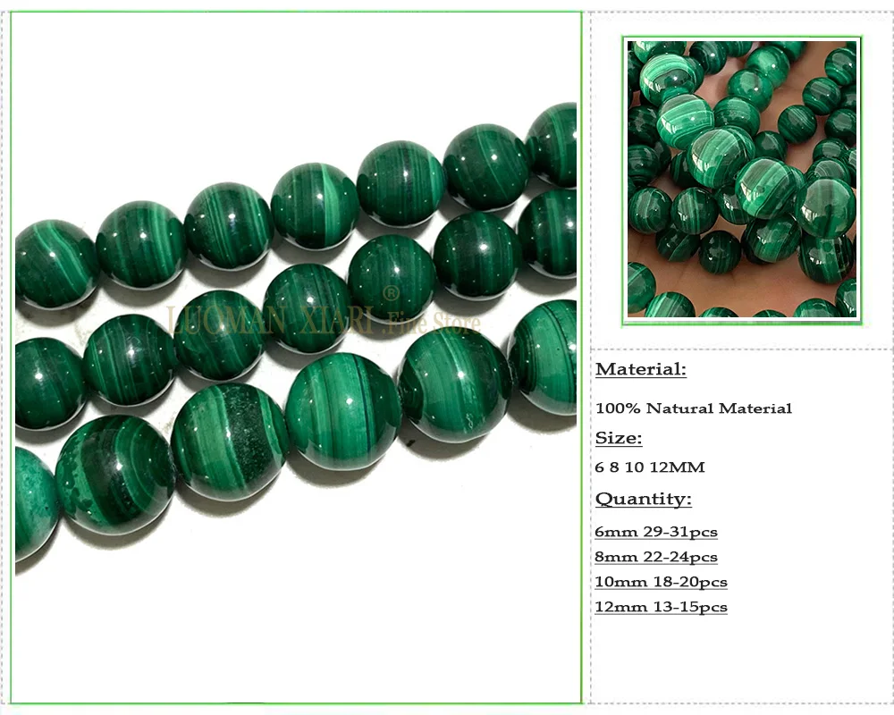 AAA Natural Gemstone Really Malachite Green Loose Round Stone Beads for Jewelry Making DIY Bracelet Material 6 8 10 12MM