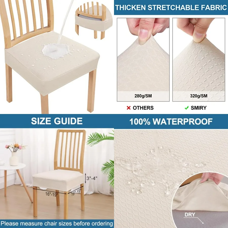 

Waterpro Seat Covers for Dining Room Chairs, Stretch Jacquard Removable Washable Chair Seat Slipcovers Protector, No Rear Cover