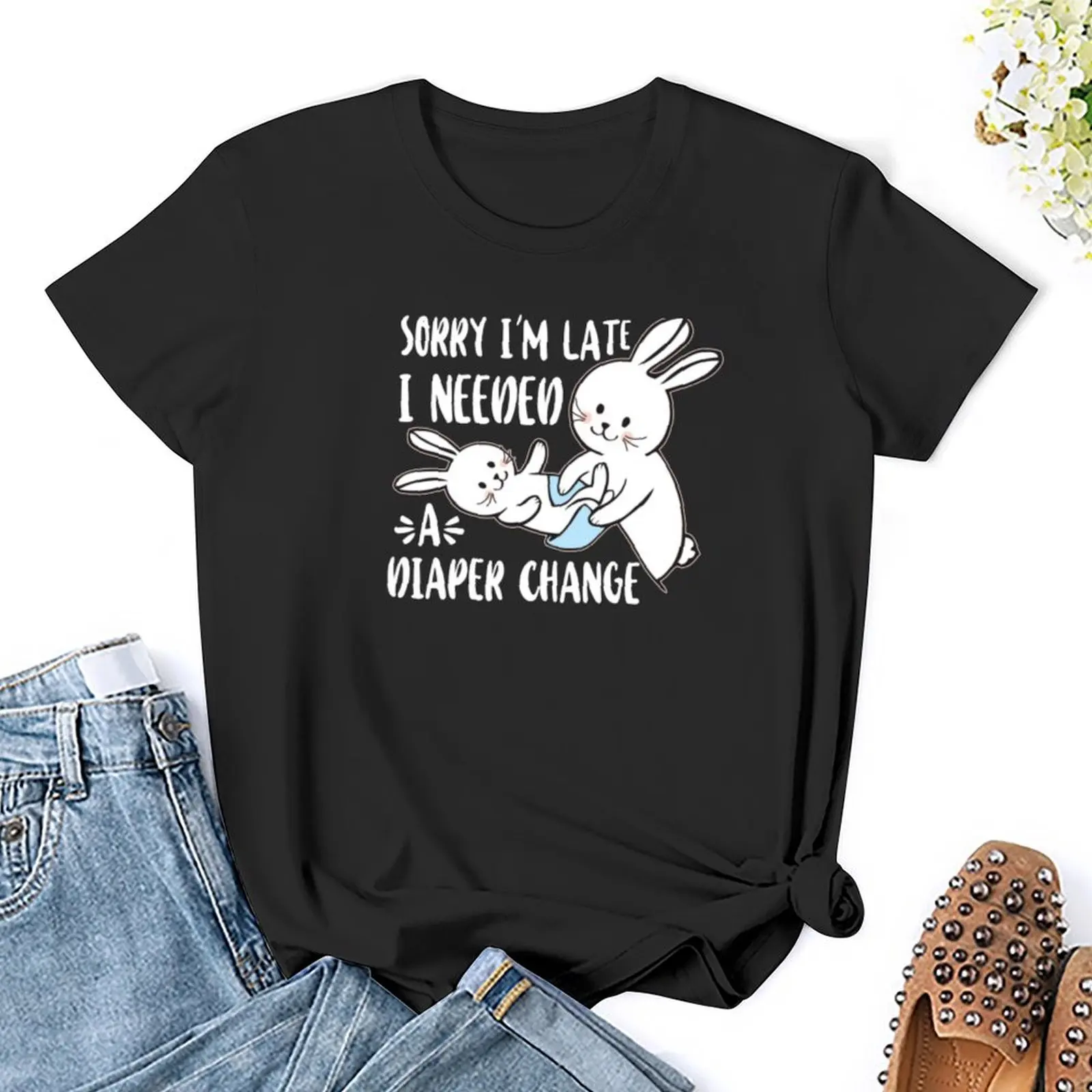 Sorry I am Late I needed a Diaper ChangeAdult Baby Bunny Rabbit Graphic Design ABDL T-Shirt sweat plus sizes Womens clothing