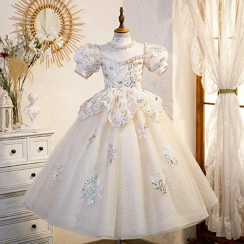 Robes à fleurs en cristal et perles pour filles, en Tulle, longueur au sol, robe de princesse pour spectacle, fête d'anniversaire, pour adolescentes, 2022