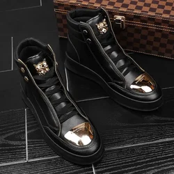 Men Casual Shoes Ankle Boots High Top Metal Casual Men Leather Boots Trendy Street Dance Fashion Men's Ankle Boots Shoes for Men