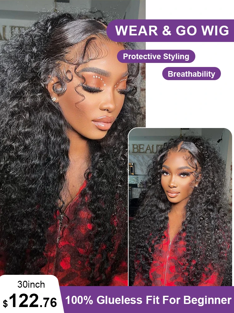 

Wear and Go Glueless Human Hair Wig Ready to Wear Pre Plucked 30inch Brazilian Water Wave 7x5 Lace Closure Wig Curly Wigs Sale