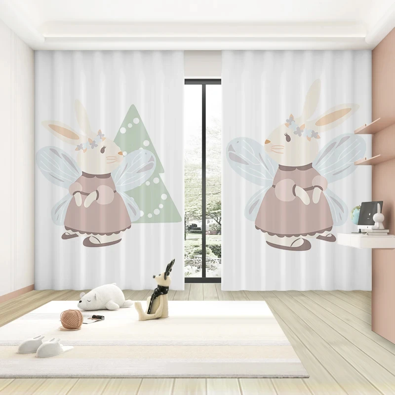 Trendy Cartoon Cute Style Blackout Curtains Pink Rabbit Balloon Moon Girl Princess Bedroom Living Room High Shading Curtains