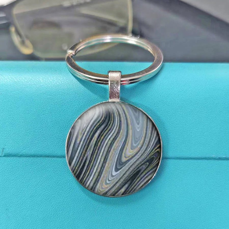 Hot Alcohol Ink Marble Texture Glass Key Chain, Teal Blue Grey Metallic Gold Vein Pattern Cabochon Key Holder Modern Boho