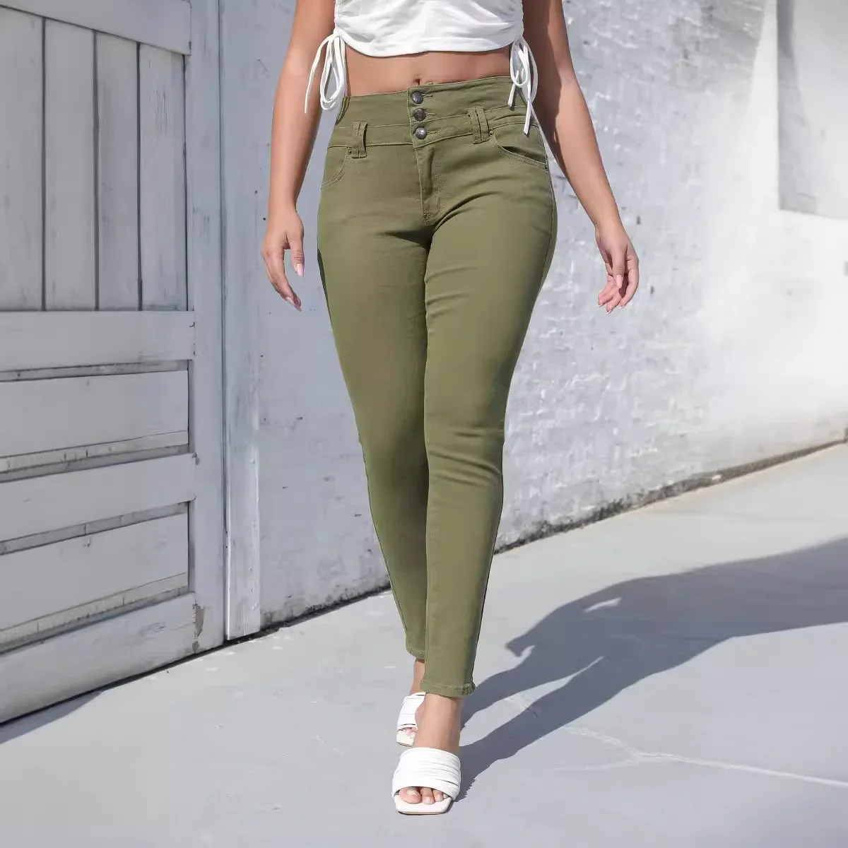 Denim Pencil Pants Women Jeans Stretch High Waist Washed Buttons Vintage Skinny Ankle Length Trousers Female  Streetwear