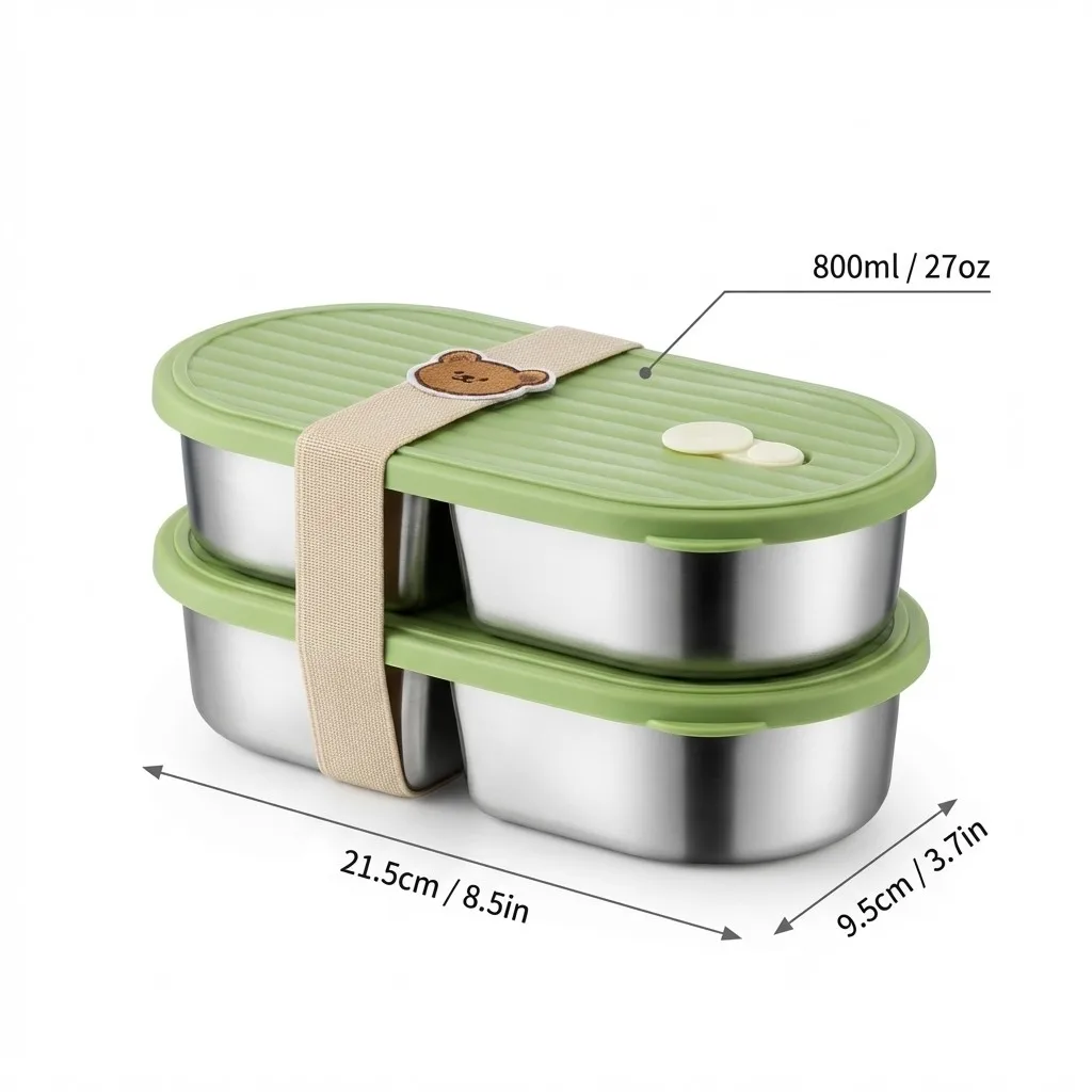 800ml 2-delige draagbare bento lunchbox voor kinderen en studenten, duurzaam, magnetronbestendig, 304 roestvrij staal, verdeeld fruit- en voedselcontainer