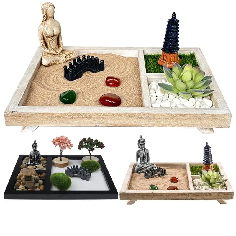 Japanischer Zen-Garten-Sandtisch, Miniatur-Buddha, Kunsthandwerk, Heimdekoration, Tischplatte, Mini-Zen-Garten-Set für Büro, Gartenstatuen
