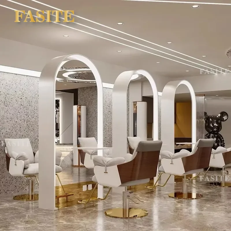 For Modern Barber Shop Double Sided Floor Mirror with Lamp Hair Styling Station Perm Dye Cut Furniture