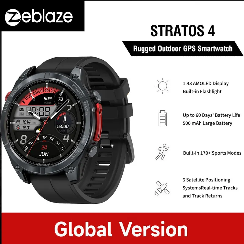 Montre connectée GPS Zeblaze Stratos 4 avec écran AMOLED 1,43 pouces, boussole intégrée, altimètre barométrique, lampe torche, appels vocaux