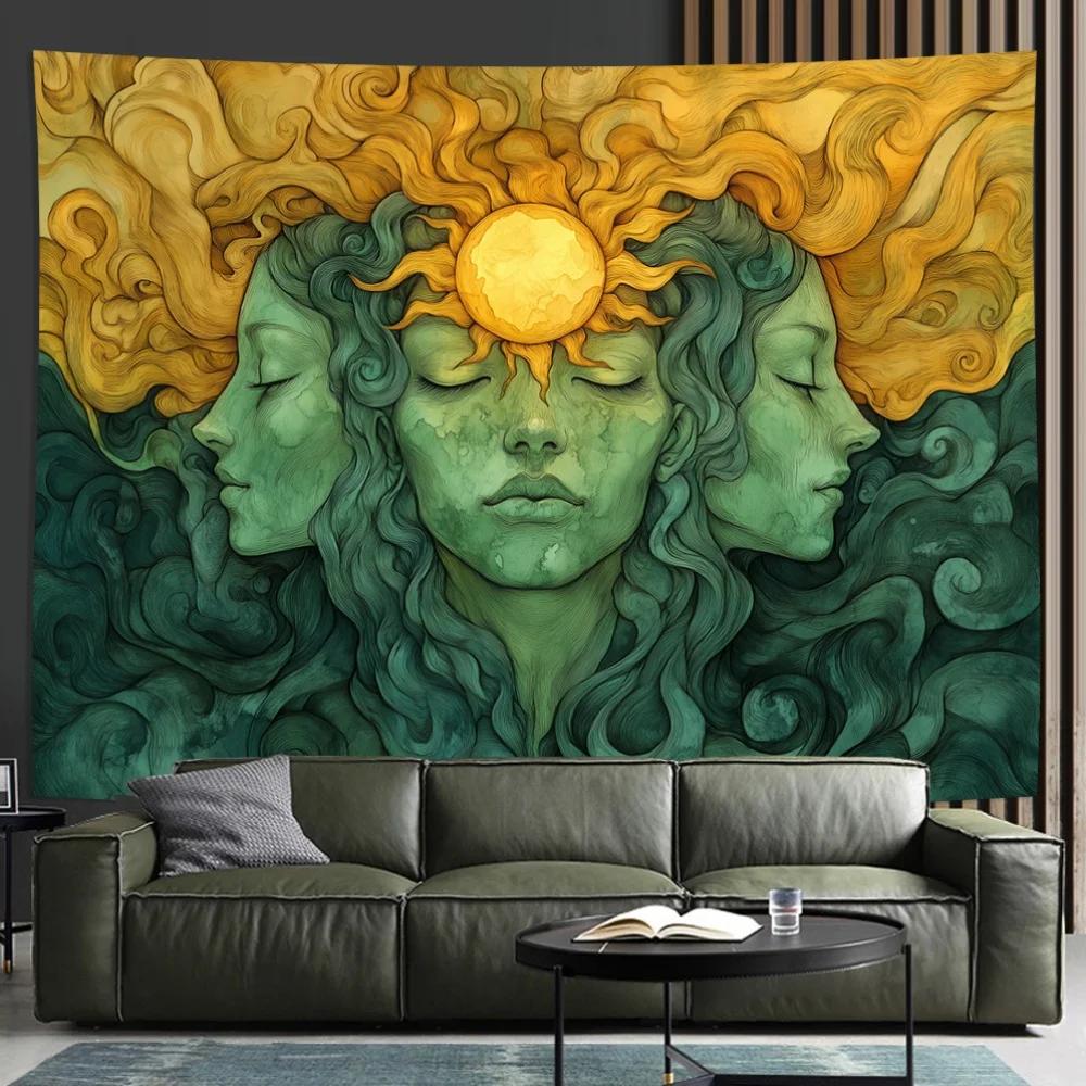 Sun Goddess Tapestry, Tri-Faced Woman with Golden Sun Crown, Psychedelic Art Wall Hanging for Living Room Bedroom Decor