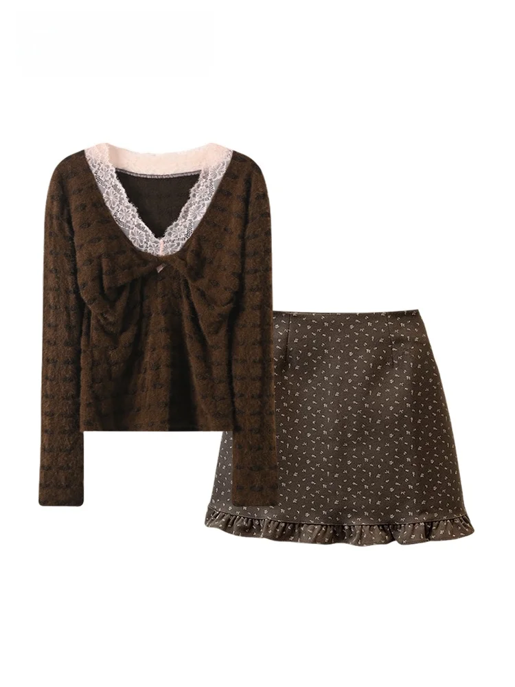 

plus Size Women's Casual Lace Base irt ort Skirt Set Autumn Winter New Sle Comfortable plus Size Sister's Outfit