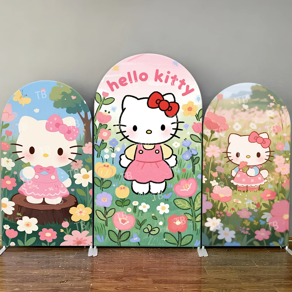 

Hello Kitty Flower Field Arch Backdrop Cover Colorful Bloom Scene For Girls Birthday Party Cute Cartoon Theme Photo Booth Decor