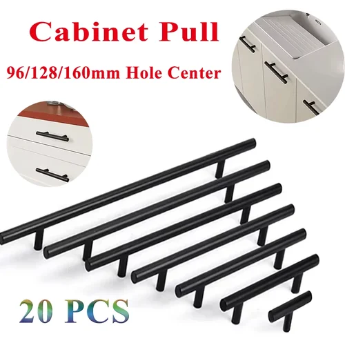 Imagen 1 del producto Paquete de 20 tiradores de gabinete, tiradores de cajón de cocina de acero inoxidable negro mate, tiradores de gabinete, centro de agujero de 96/128/160mm con taladro