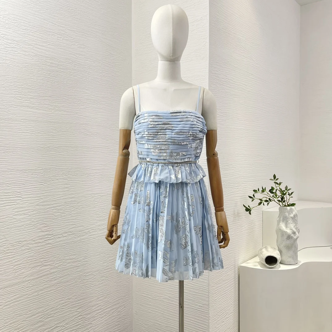 

Summer New Arrivals Blue Flouncing Ruffle Sleeveless Ruched Pleasts Belted Women Elegant Camisloe Spaghetti Mini Dress