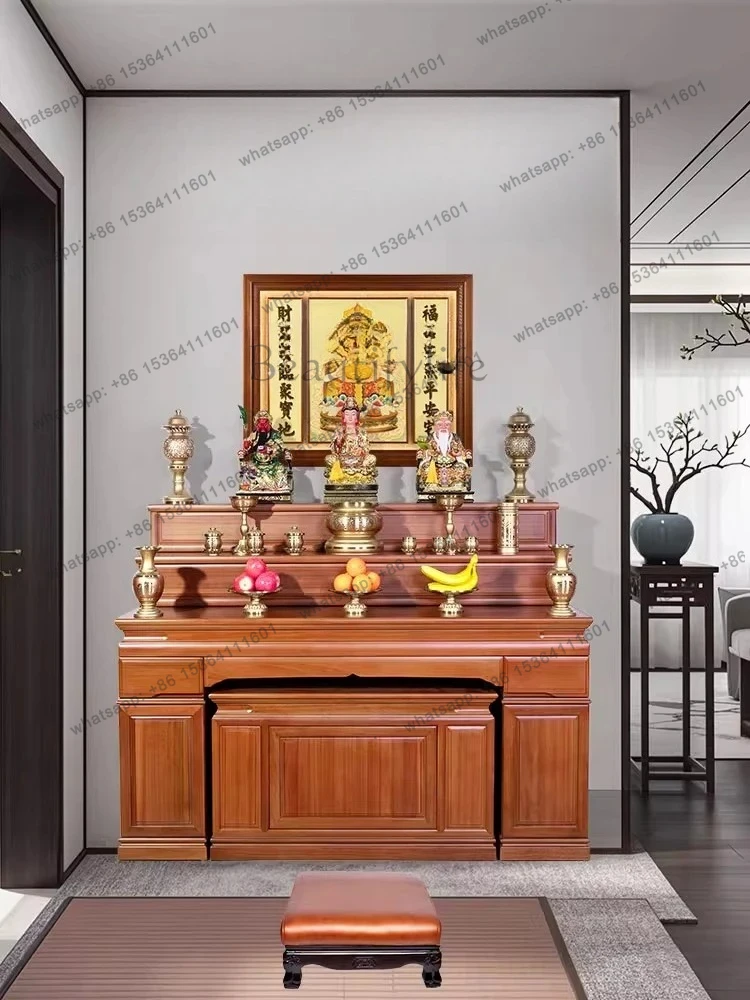 household stepped Buddhist shrine cabinet three-layer solid wood new Chinese simple Buddhist altar middle hall table