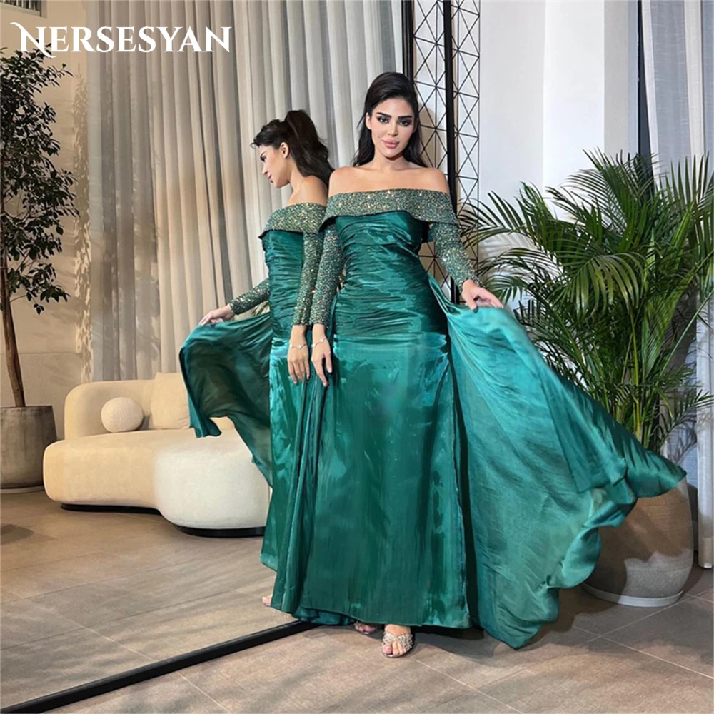 

Nersesyan Dark Cyan Glitter Formal Evening Dresses Off Shoulder A-Line Sparkly Prom Dress Backless Shiny Wedding Party Gowns