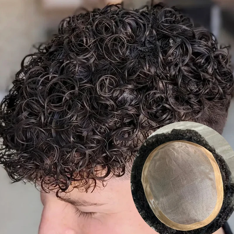 Toupee PU Invisível Transparente Masculino, Peruca Durável de Pele, Sistema de Prótese Curly Profunda Unidades, Preto, Castanho, 100% Cabelo Humano, 26mm, #1, #3