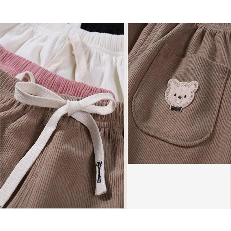 Corduroy Elastic Waistline Drawstring Trousers Autumn Boys Cartoon Pants Girls Outer Wear Sport Casual Pant Children Clothes New