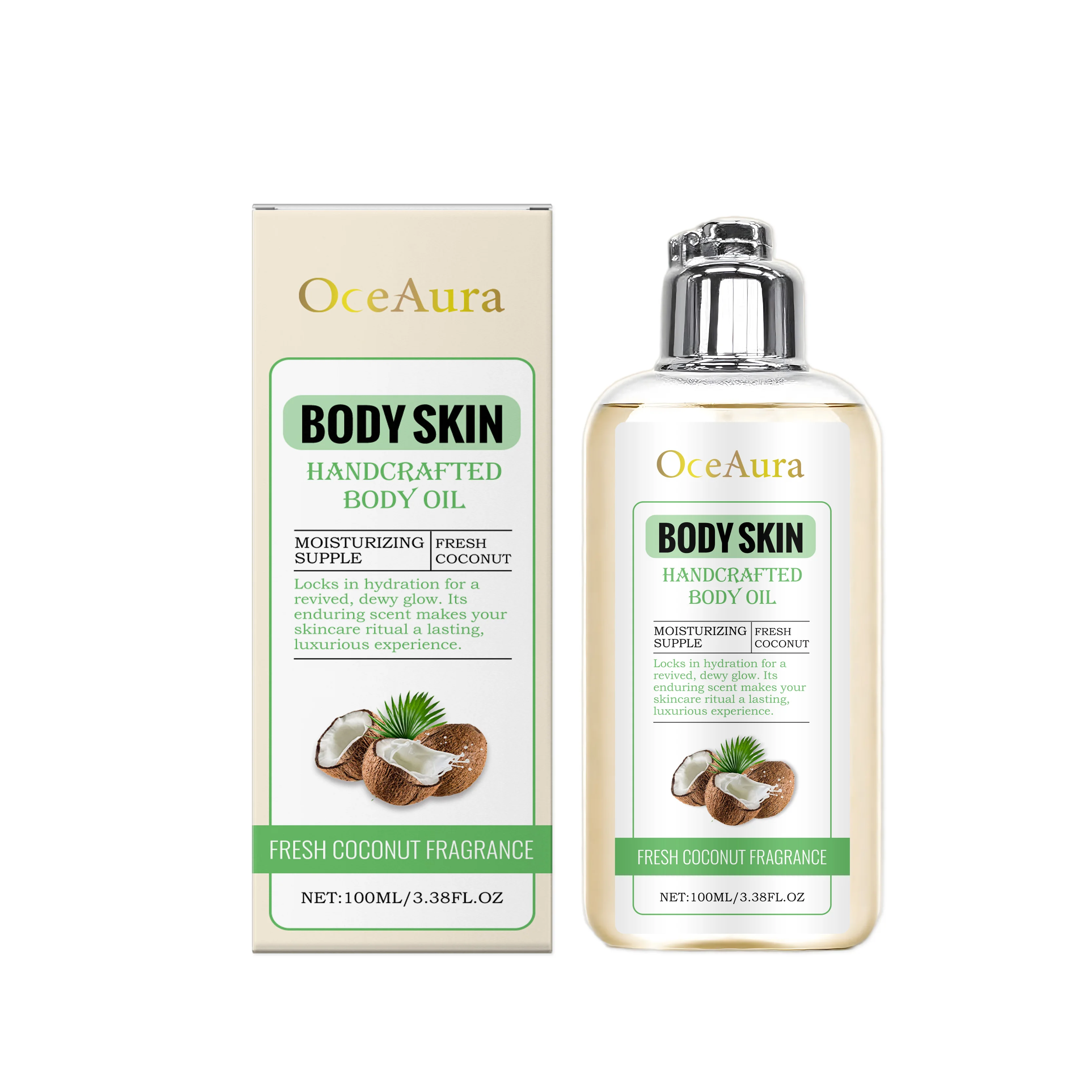 

OceAura Coconut Body Oil, Hydrated Glowing Skin, Fresh Coconut Scent Body Care,100ml.